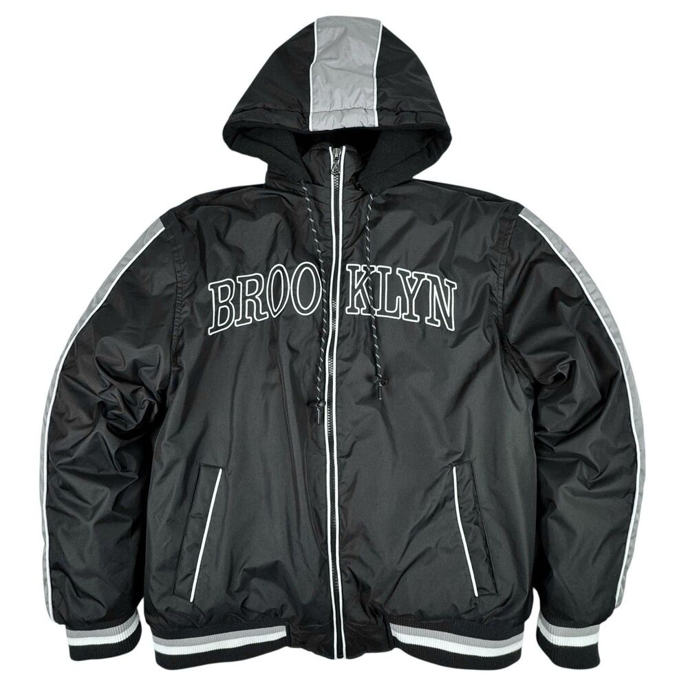Brooklyn Spire Mens Puffer Bomber Coat M Dugout Jacket Black Fleece Lined Hooded